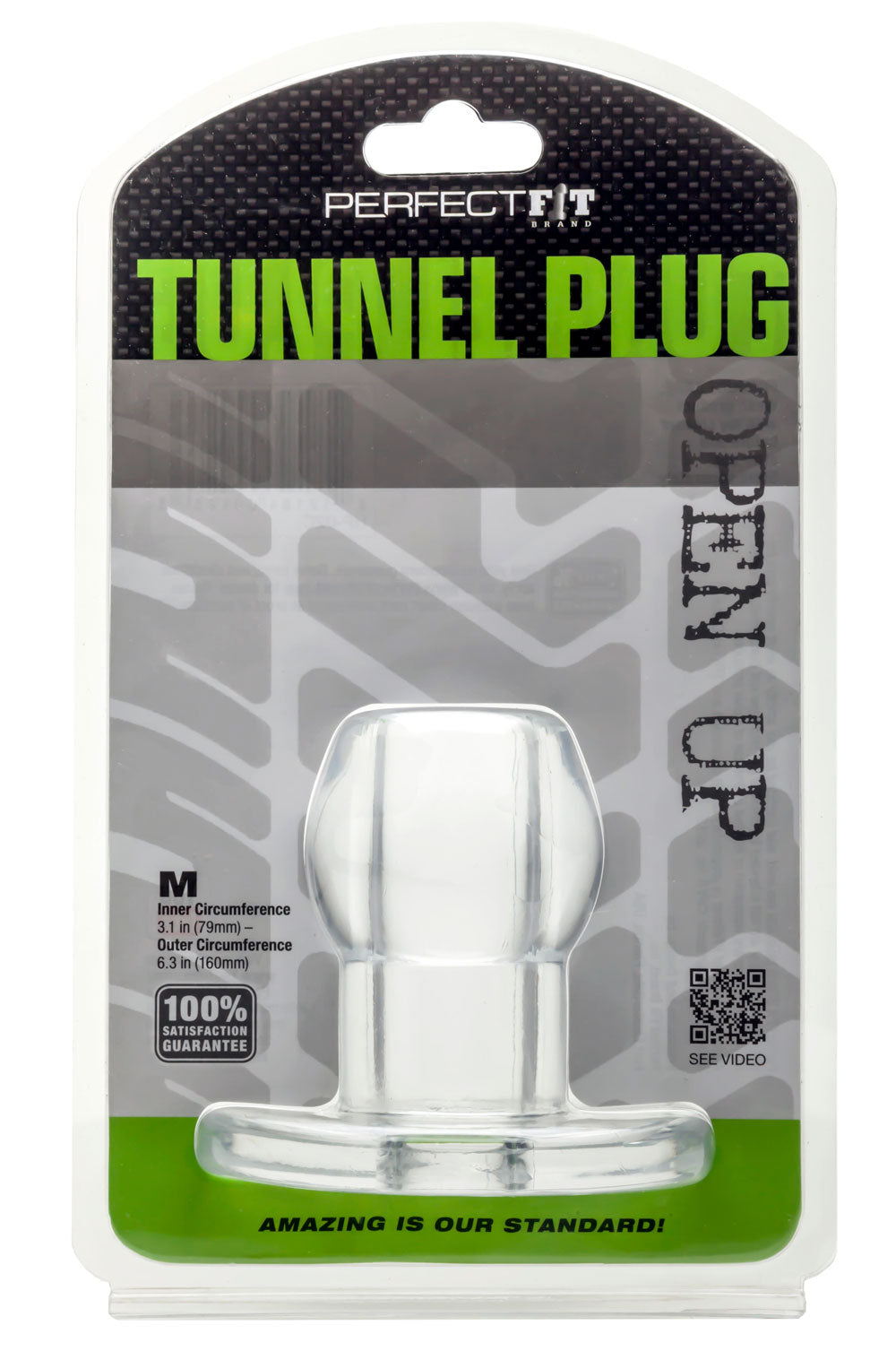 Perfect Fit Tunnel Plug Medium Clear packaging showing the innovative open-center design and body-safe material.