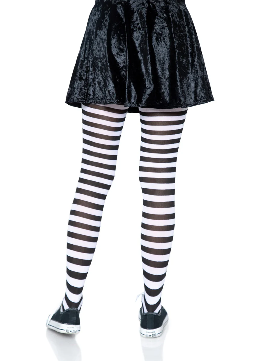 Leg Avenue Nylon Striped Tights Black White OS worn with a black skirt, showcasing bold black and white stripes.