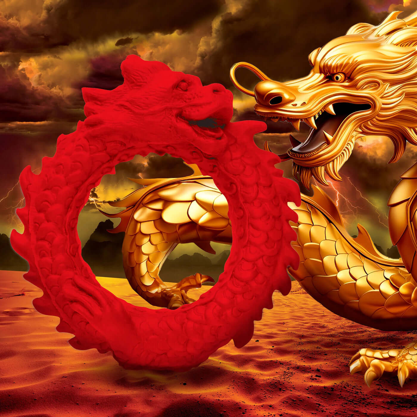 Rise of the Dragon Silicone Cock Ring - Red Dragon Design with Golden Dragon Background