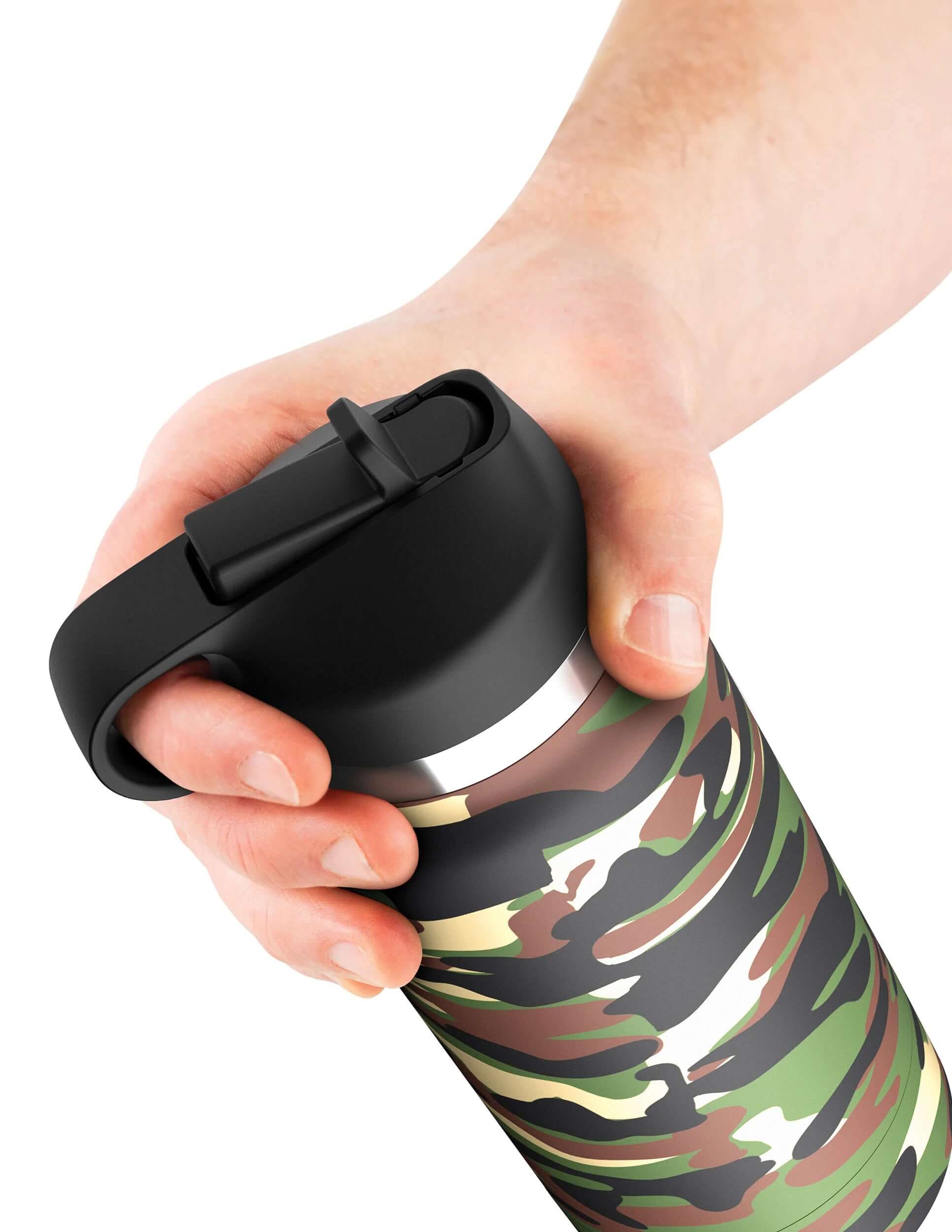 Person holding camo-patterned Fap Flask Happy Camper Masturbator water bottle.