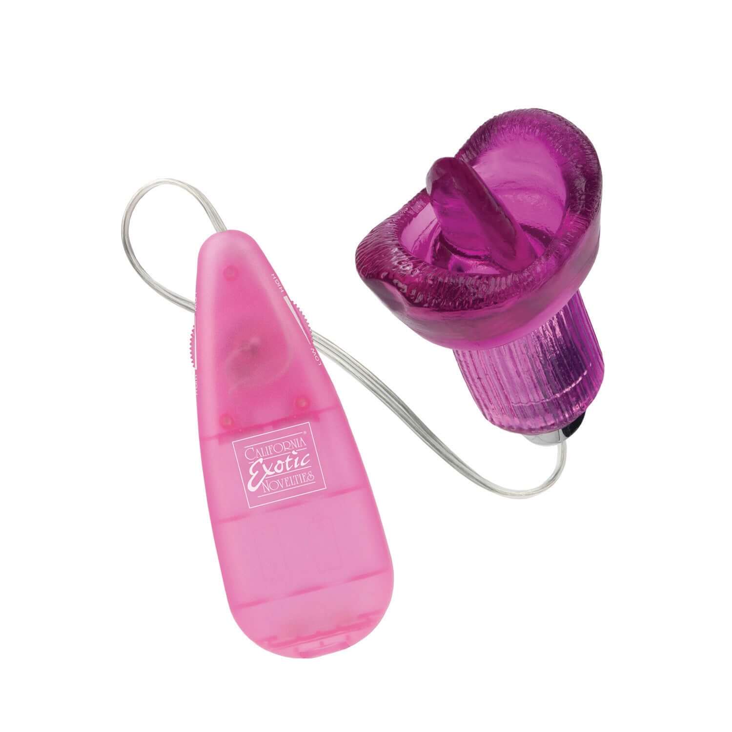Clit Kisser Tongue Vibrator Pink with attached purple stimulator and control remote for enhanced pleasure.
