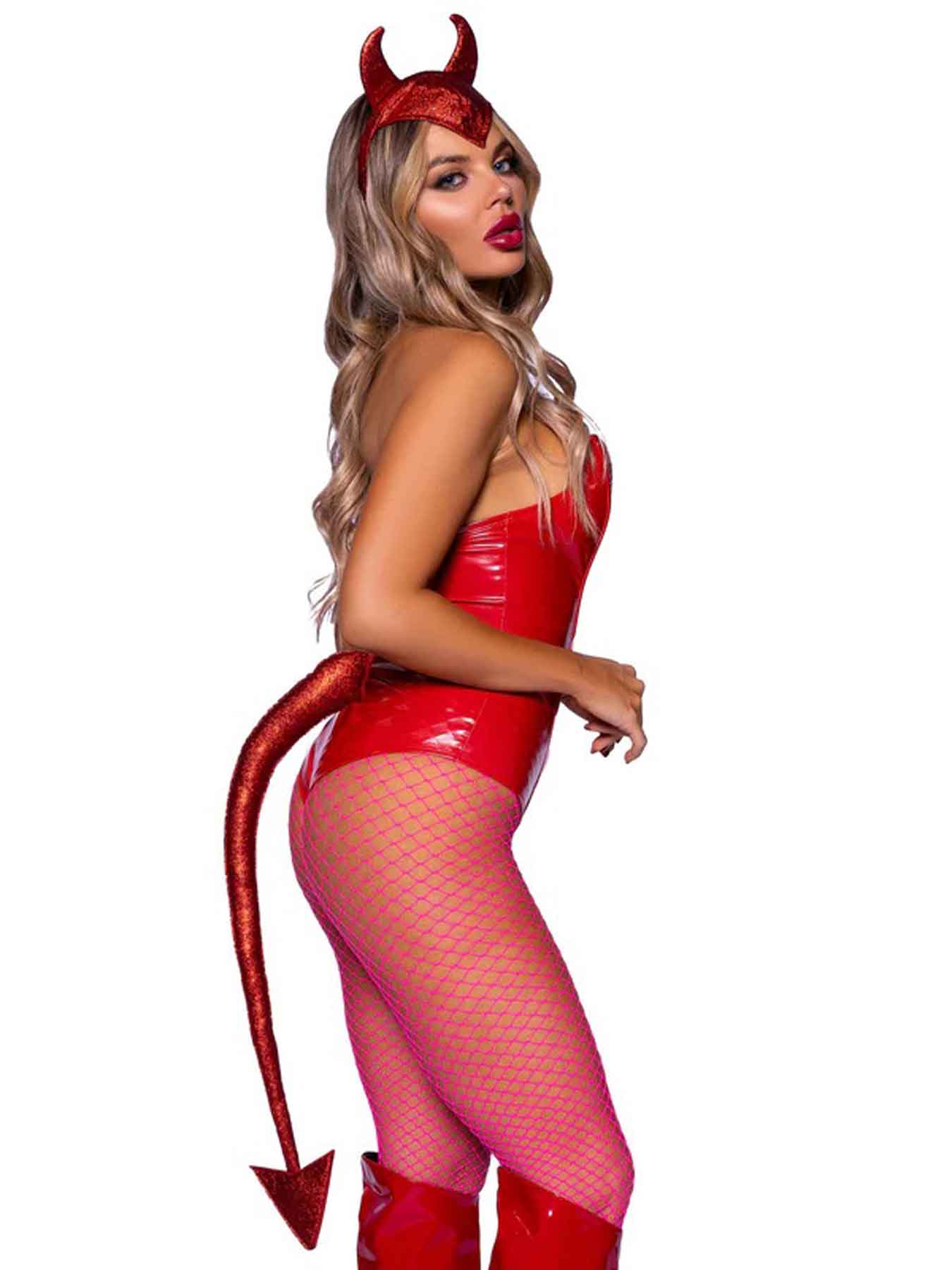 Leg Avenue Devil Horns Headband & Tail Set Red worn by a model in a red costume, showcasing the headband and tail.