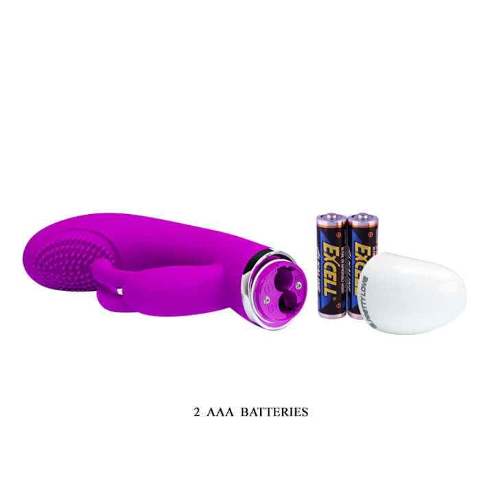 Pretty Love Christ Come Hither Rabbit Vibrator with 2 AAA batteries, featuring a sleek purple design for dual stimulation.