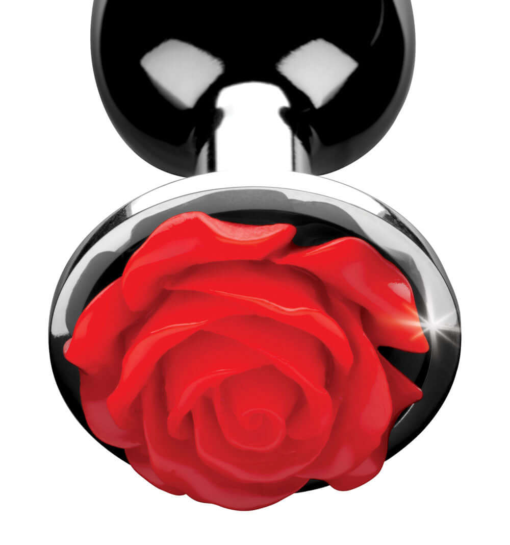 Red Rose Anal Plug Medium Booty Sparks featuring a detailed red rose design on a polished metal base.