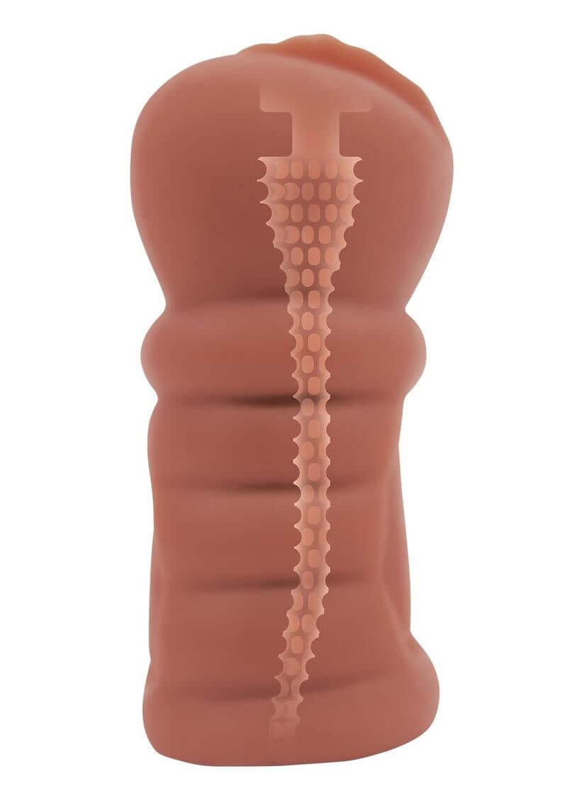 ZOLO Latina Pussy Stroker in tan displaying its realistically textured canal and skin-soft material for lifelike pleasure.
