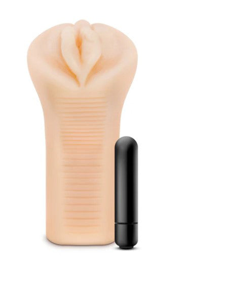 Enlust Emma Male Masturbator With Bullet Vibrator Beige alongside a black bullet vibrator for enhanced stimulation.