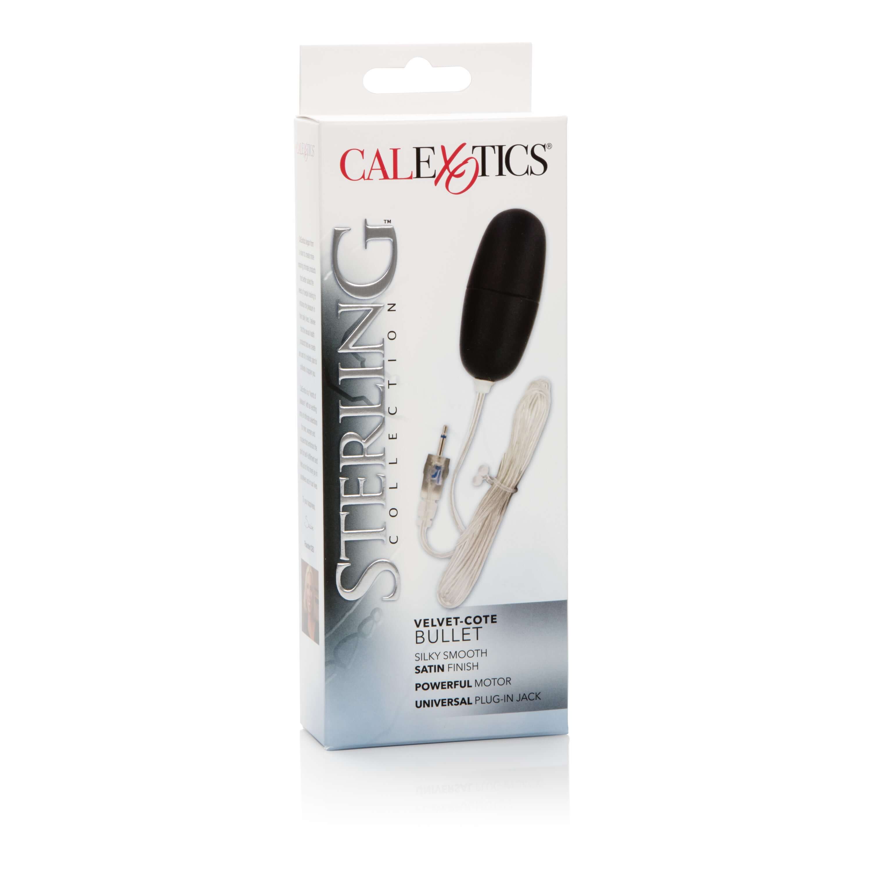 Sterling Collection Velvet-Cote Bullet packaging showcasing its sleek design and powerful motor for enhanced pleasure.