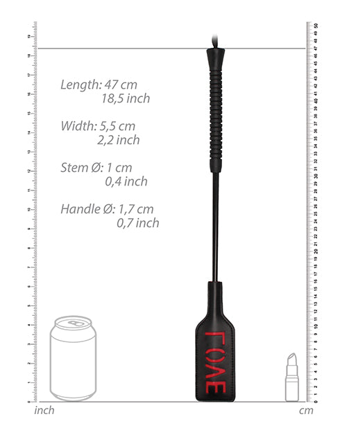 Shots Ouch Love Crop Large Black with dimensions: length 47 cm, width 5.5 cm, handle 1.7 cm, sleek black design.