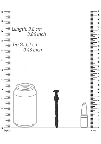 Size comparison of Ouch Silicone Penis Plug With Ribbing 0.4 Inch 11mm beside a can and bottle, showing dimensions.