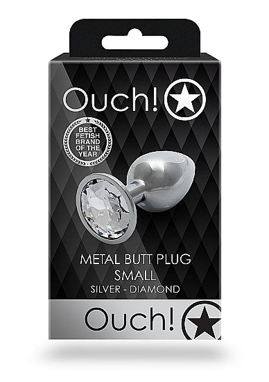 Round Gem Butt Plug Small Silver Diamond packaging featuring a sleek design and faux diamond gem.