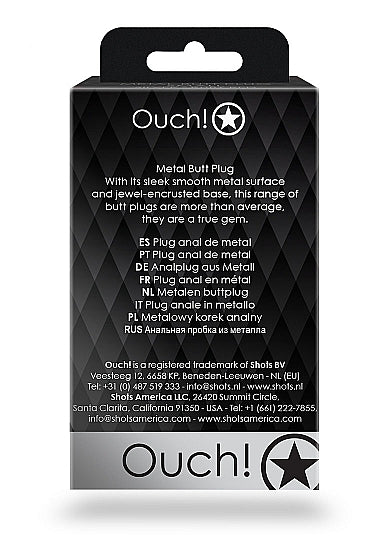 Packaging for Ouch! Metal Butt Plug, featuring sleek design and multi-language details on use and materials.