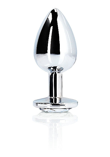 Round Gem Butt Plug Small Silver Diamond with polished metal and faux diamond base for personal exploration.