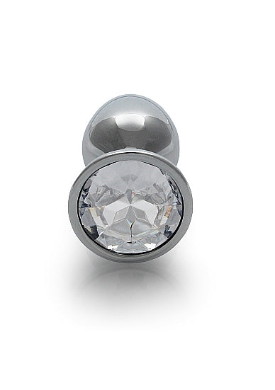 Round Gem Butt Plug Small Silver Diamond with a polished aluminum body and sparkling faux diamond gem base.