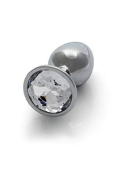 Round Gem Butt Plug Small Silver Diamond featuring a polished aluminum body and a sparkling faux diamond gem base.