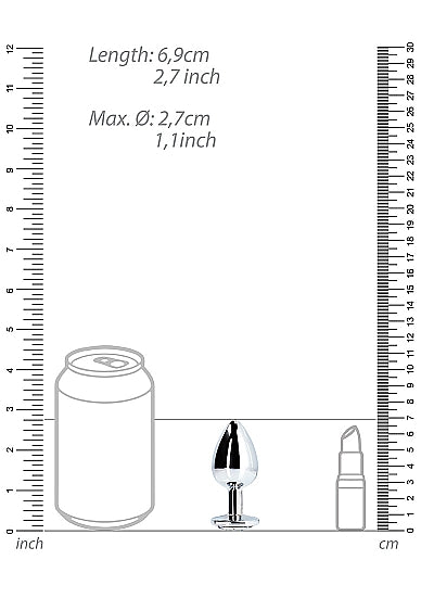 Dimensions of Round Gem Butt Plug Small Silver Diamond shown next to a can and lipstick for size reference.