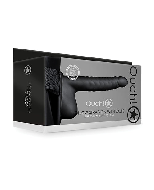Ouch 8 inch Ribbed Hollow Strap On with Balls Black packaging showcasing the product design and features.
