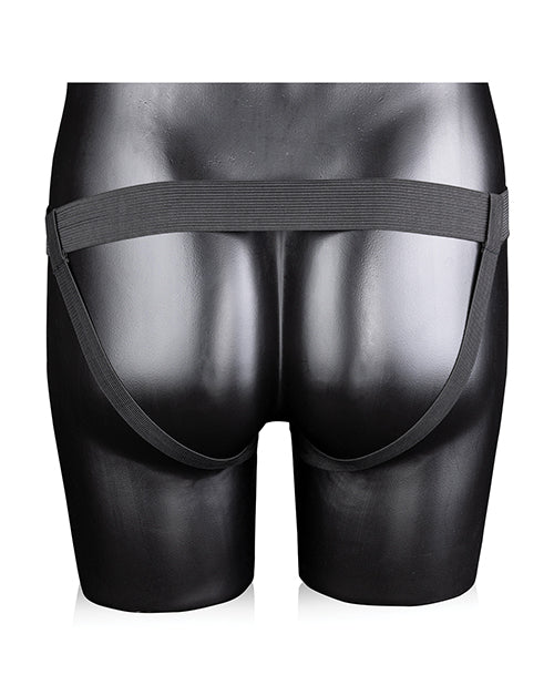 Ouch 8 inch Ribbed Hollow Strap On with Balls Black shown on a mannequin from the back, highlighting the sleek strap design.