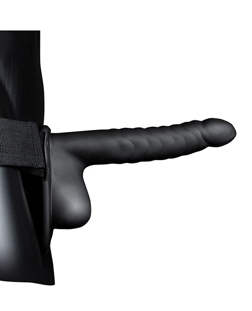 Ouch 8 inch Ribbed Hollow Strap On with Balls Black, showcasing ribbed shaft and secure harness design.