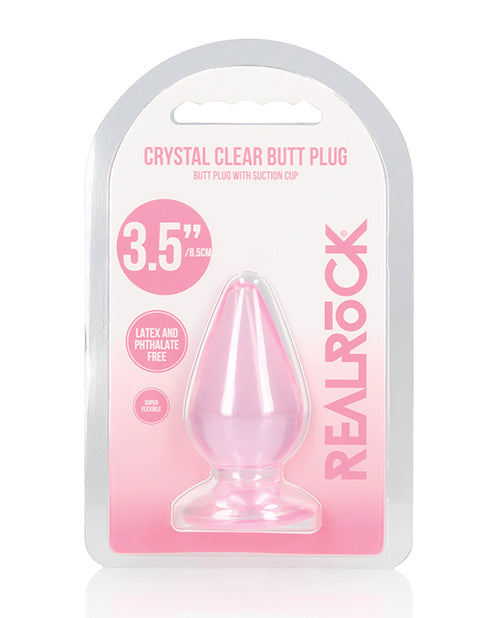 RealRock Crystal Clear 3.5 inch Anal Plug Pink in packaging with suction cup, latex and phthalate free.