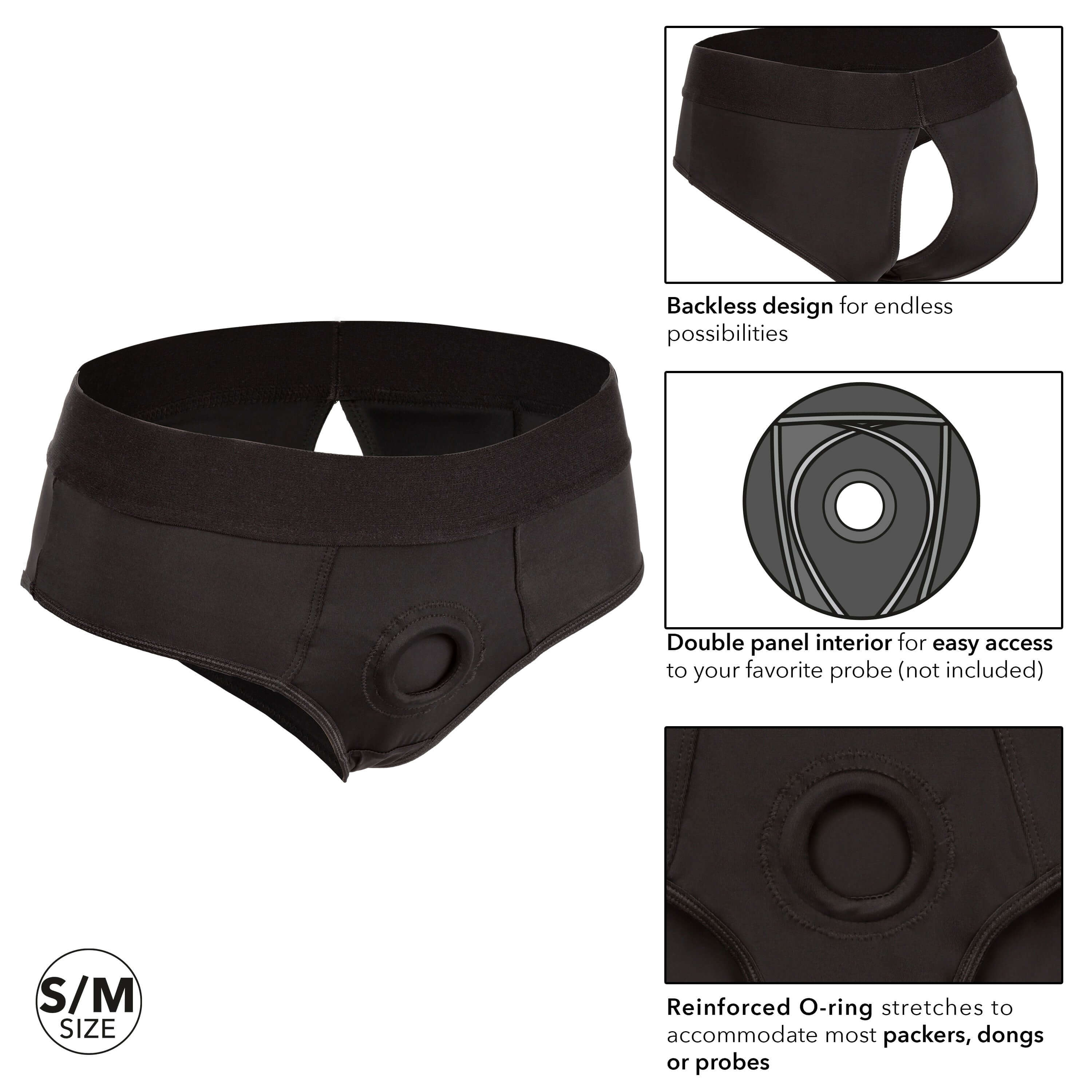 Boundless Backless Brief S M Black featuring a backless design, double panel interior, and reinforced O-ring for versatility.