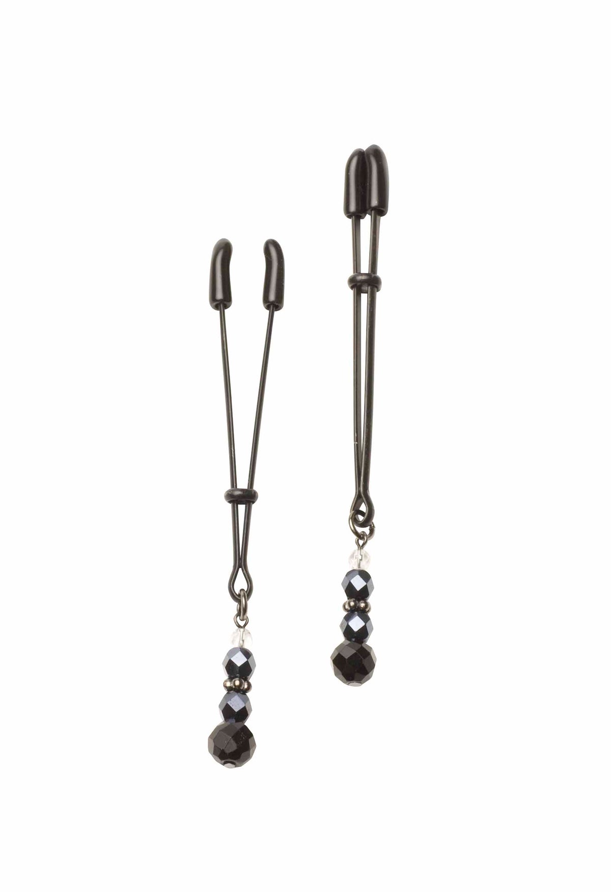 Spartacus Black Beaded Tweezer Nipple Clamps featuring dangling faux black diamonds and sleek design.