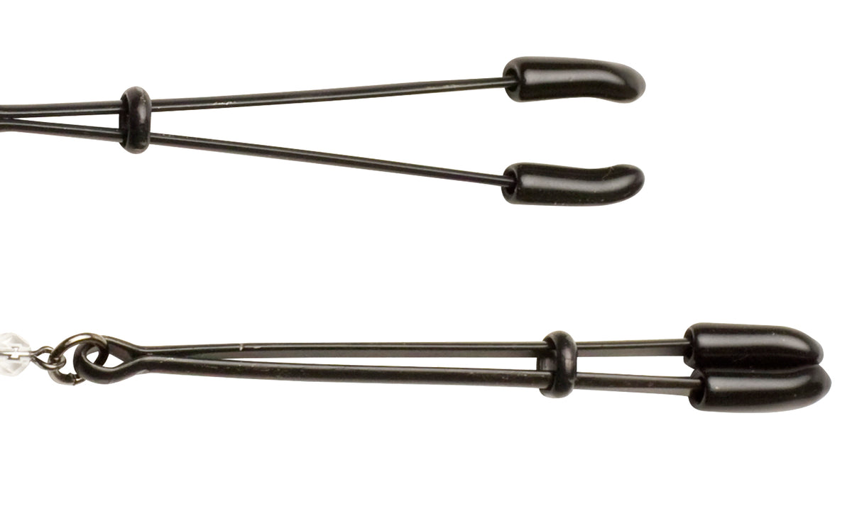 Spartacus Black Beaded Tweezer Nipple Clamps displayed from multiple angles with faux diamond accents.