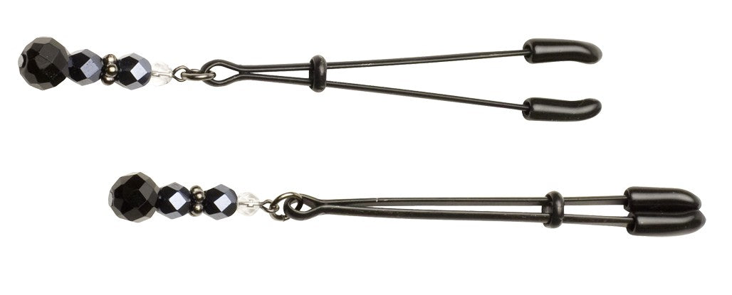 Spartacus Black Beaded Tweezer Nipple Clamps featuring elegant black beads and faux black diamonds for intimate play.