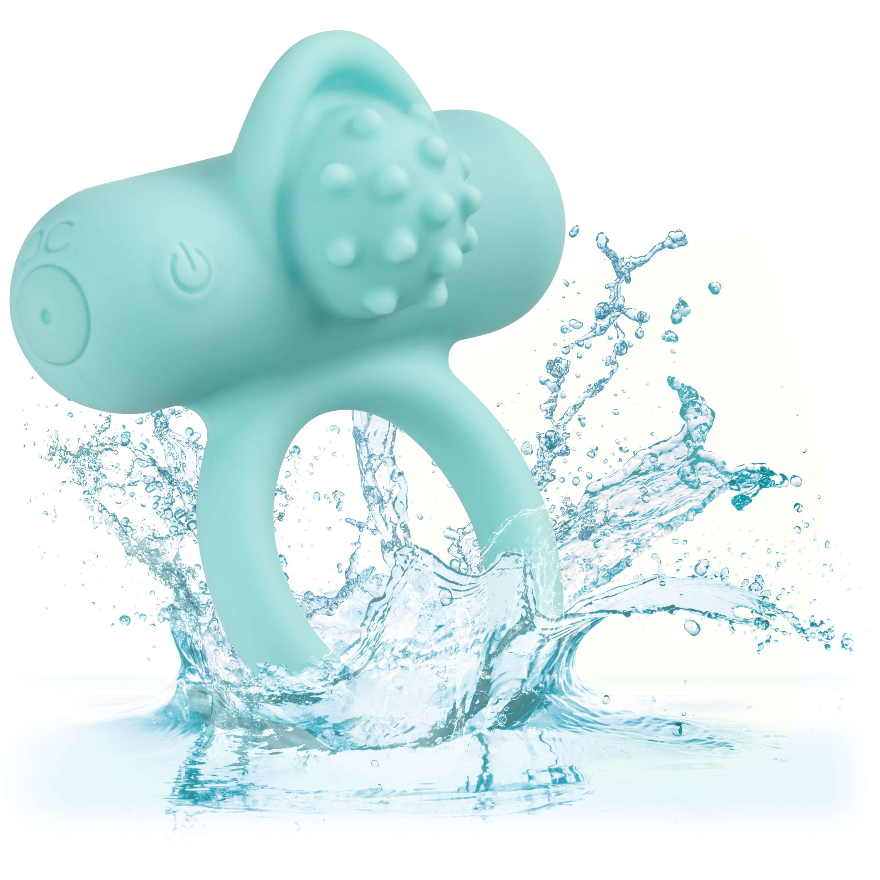Silicone Rechargeable Nubby Lovers Ring Delight Blue splashing in water with textured design for couples' pleasure.