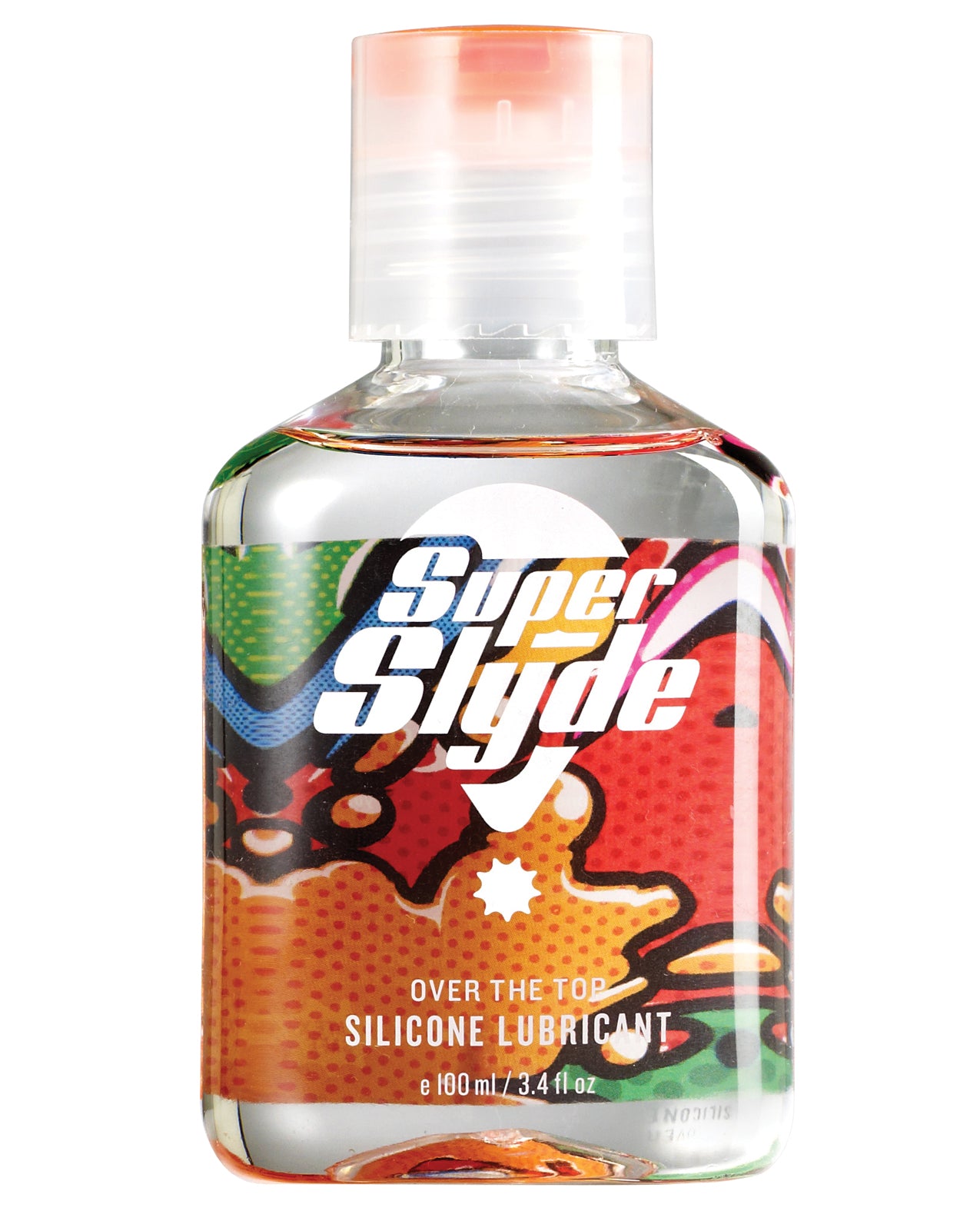 SuperSlyde Over The Top Silicone Lubricant 3.4 Oz product bottle with colorful design and label.