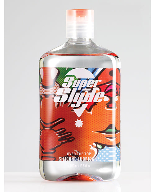 SuperSlyde Over The Top Silicone Lubricant 13.56 Oz bottle with colorful graphics and ergonomic design.