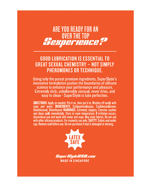 SuperSlyde Over The Top Silicone Lubricant 13.56 Oz product label with usage instructions and safety information.