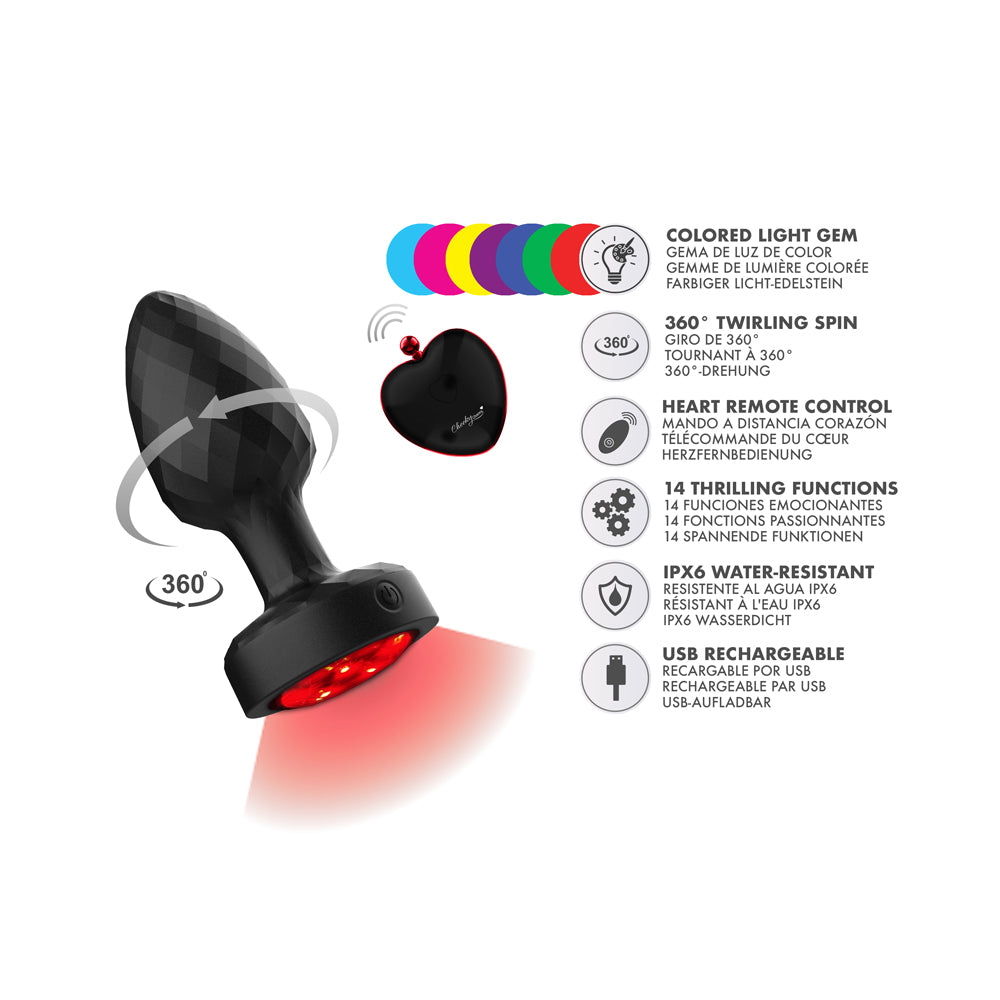 Twila Twirling Light Up Vibrating Plug With Heart Remote features colorful light, heart remote, and rotating design.