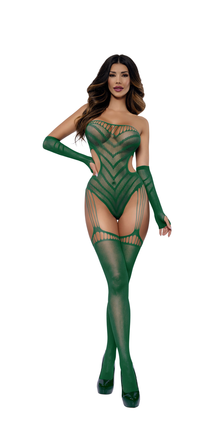 Dreamgirl Chevron Garter Teddy With Gloves Emerald One Size in bold green fishnet with matching gloves.