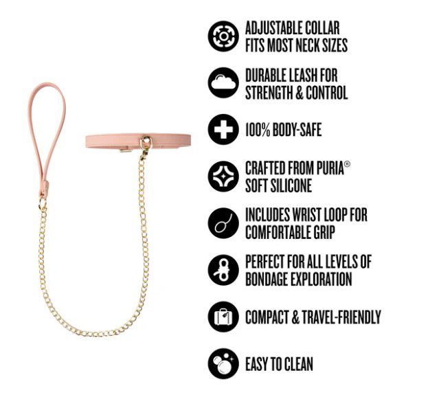 Temptasia Ardor Collar and Leash Pink features adjustable collar, durable leash, body-safe silicone, and easy clean design.