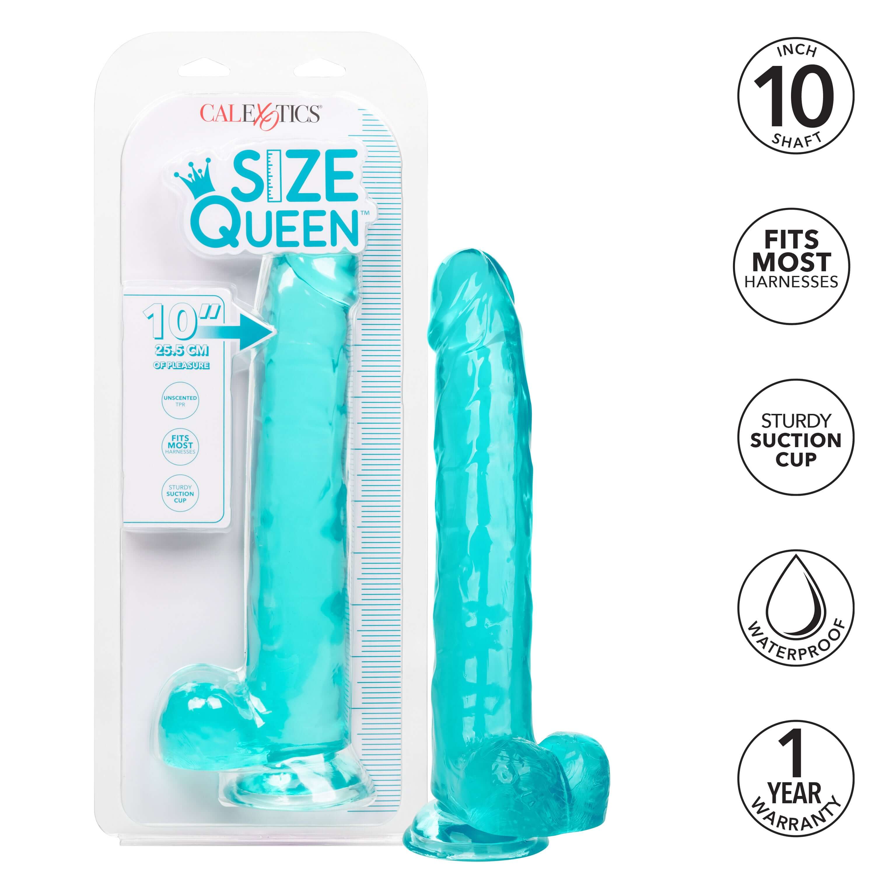 Size Queen Large Dildo 10 inch Blue, 10 inch shaft, waterproof, sturdy suction cup, fits most harnesses.