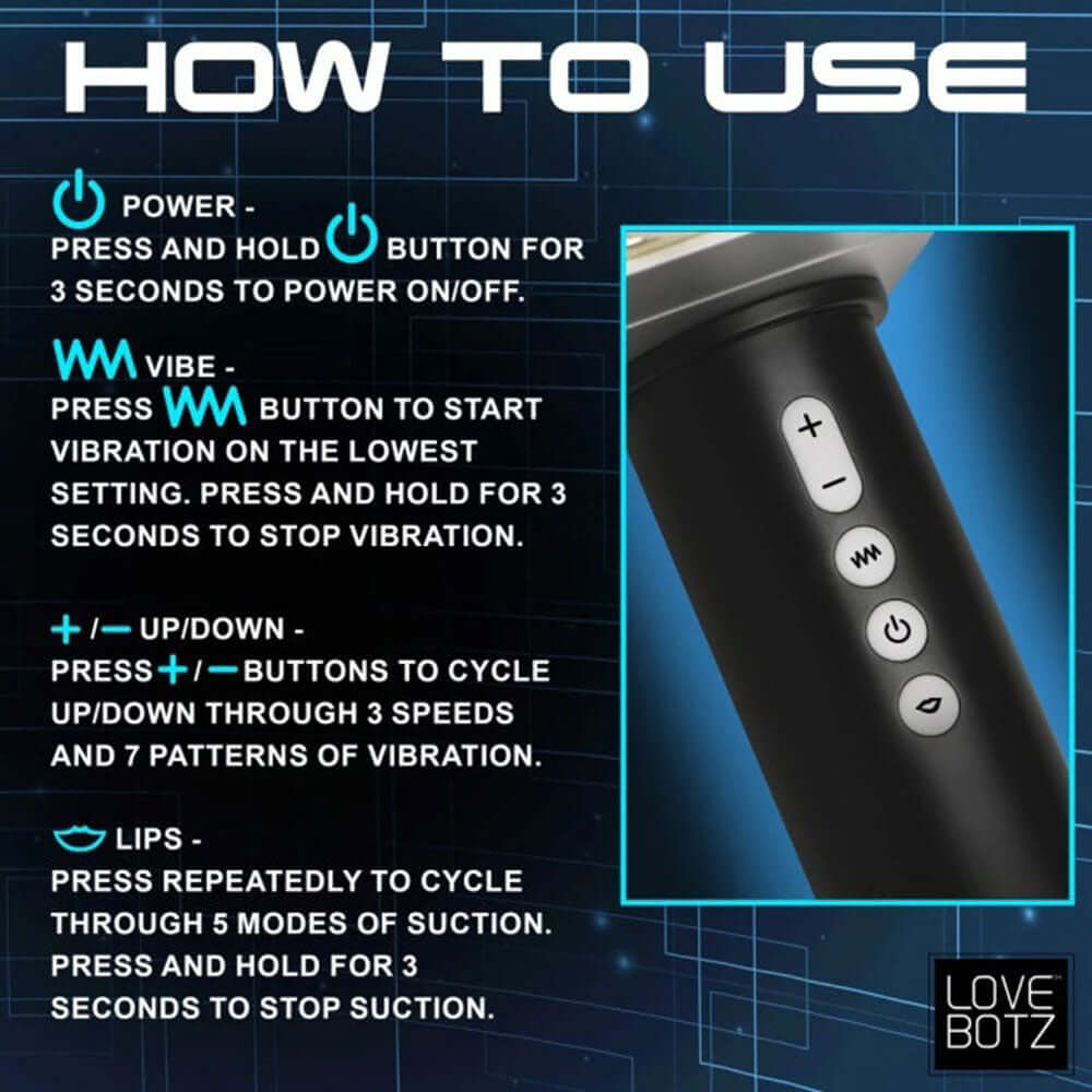 How to use Thunder Stroker Sucking Masturbator Silver with power, vibration, and suction controls.