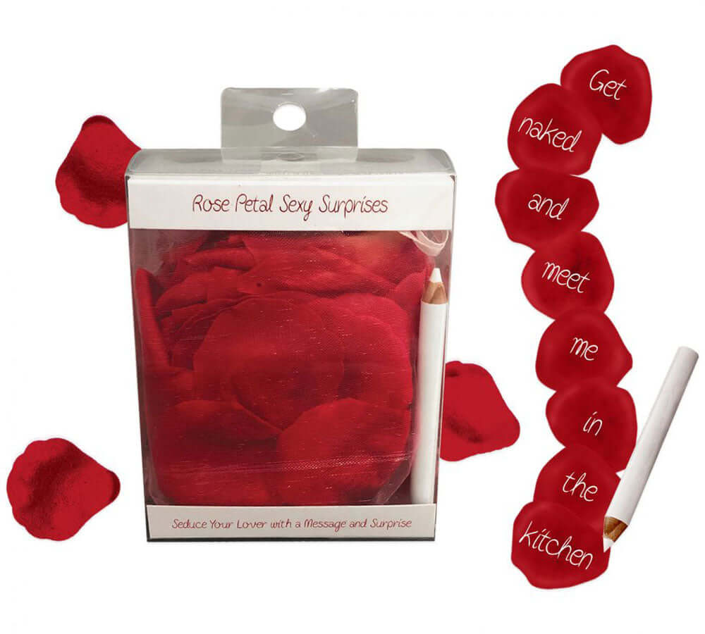 Rose Petal Sexy Surprise gift set featuring red petals and a message pencil for romantic surprises.