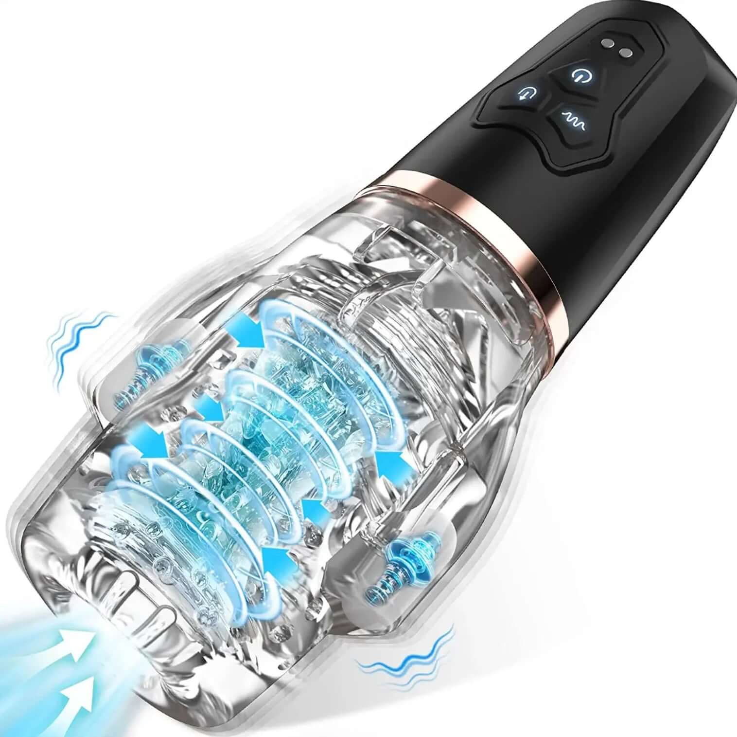 The Male Rose 2 Vibrating Stroker with dual side motors and 10 vibration modes for powerful, portable pleasure and easy operation.