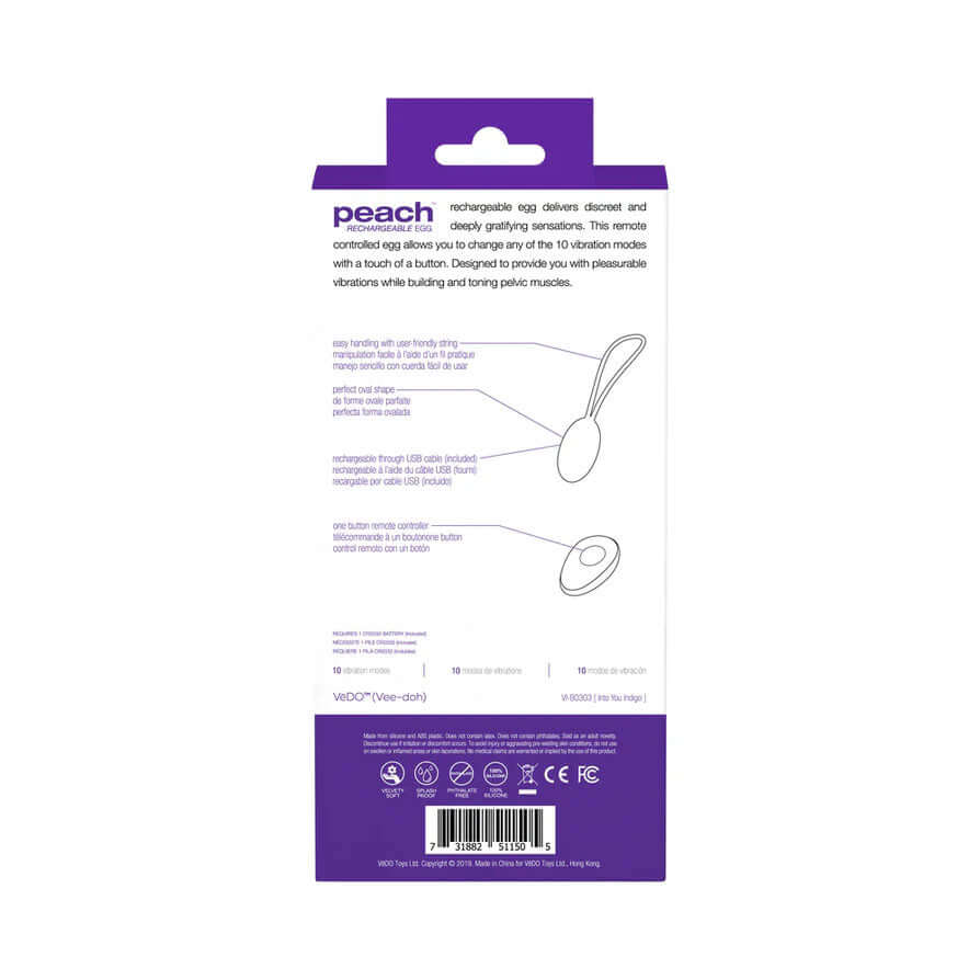 Vedo Peach Vibrating Egg Indigo packaging back showing features and usage instructions of the discreet vibrating egg.