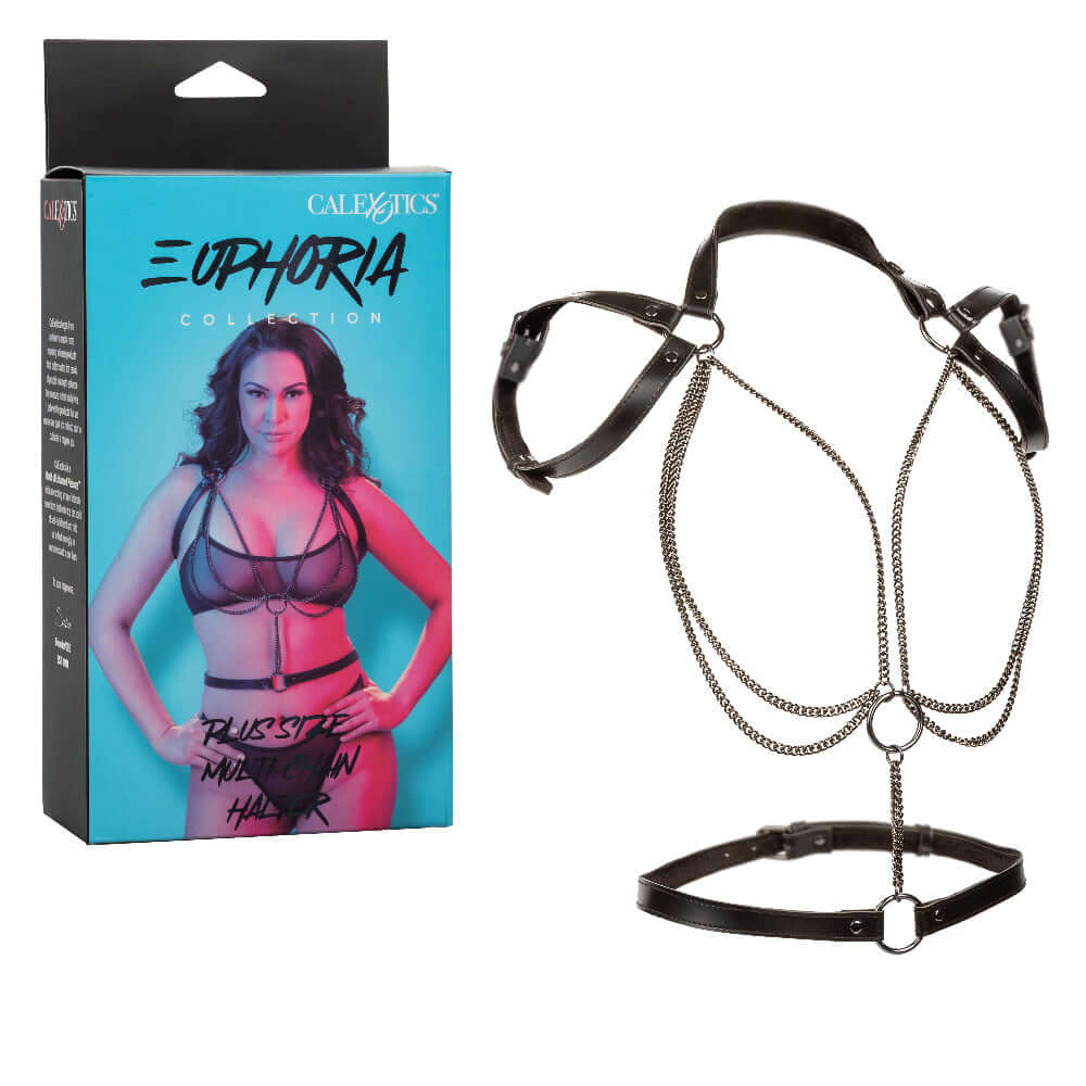 Plus size multi chain halter harness in black with packaging box from Euphoria Collection.