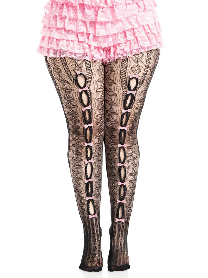 Leg Avenue Sweetheart Striped Tights Plus Size 1X 2X Black Pink featuring a playful design with pink accents.
