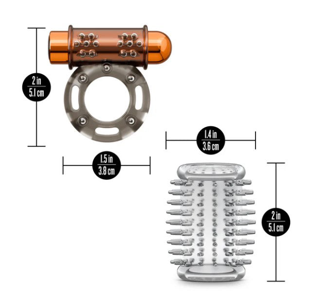 Blush Stay Hard Vibrating Cock Ring Set With Sleeve Textured Sheath dimensions and features displayed, showcasing versatility.