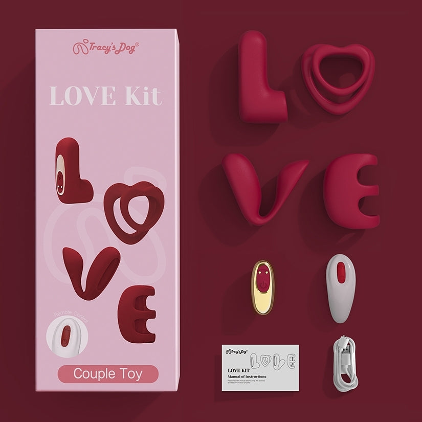 Tracys Dog Love Vibrators Kit in a pink box featuring various intimate accessories for couples.