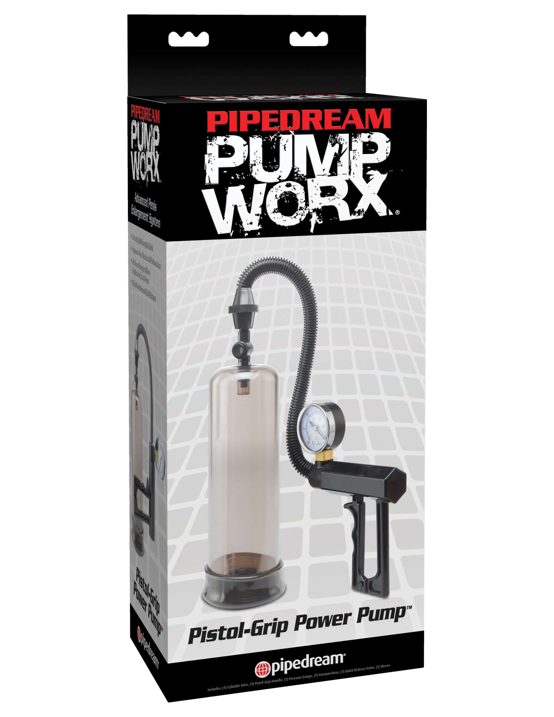 Pump Worx Pistol Grip Power Pump Black packaging featuring the handheld pump and accessories for enhanced firmness.