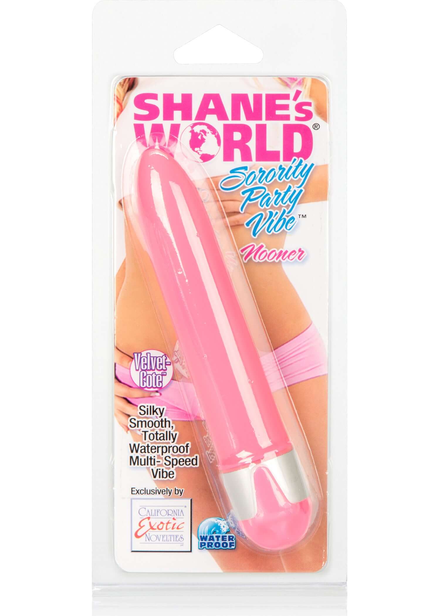 Shanes Worlds Sorority Party Vibe Nooner Pink personal massager in packaging, sleek and travel-friendly.
