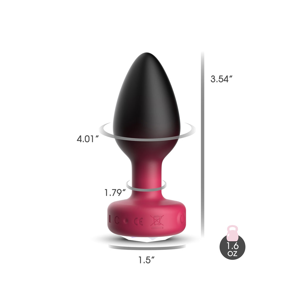 Cheeky Charms Eluxe Vibrating Anal Plug Ruby dimensions with measurements for height, width, and weight.