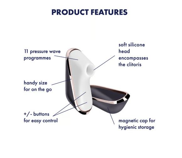 Satisfyer Traveler Air Pulse Clitoral Stimulator Black features soft silicone head, 11 pressure wave programs, and magnetic cap.