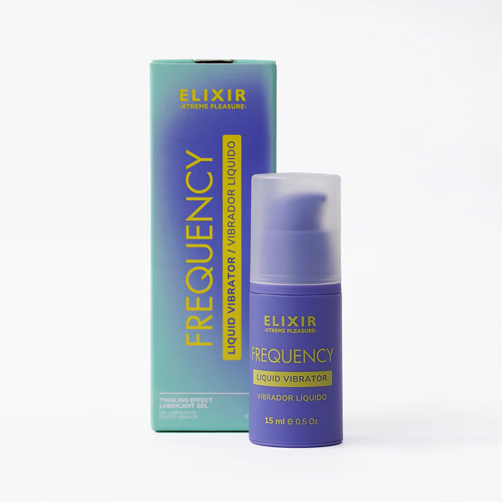 Elixir Frequency Liquid Vibrator 15 ml displayed in packaging for intimate stimulation and enhanced pleasure.
