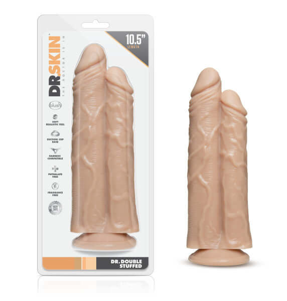 Dr Skin Double Stuffed 10.5 inches Dildo Vanilla packaging showcasing realistic design and double shafts for enhanced experience.