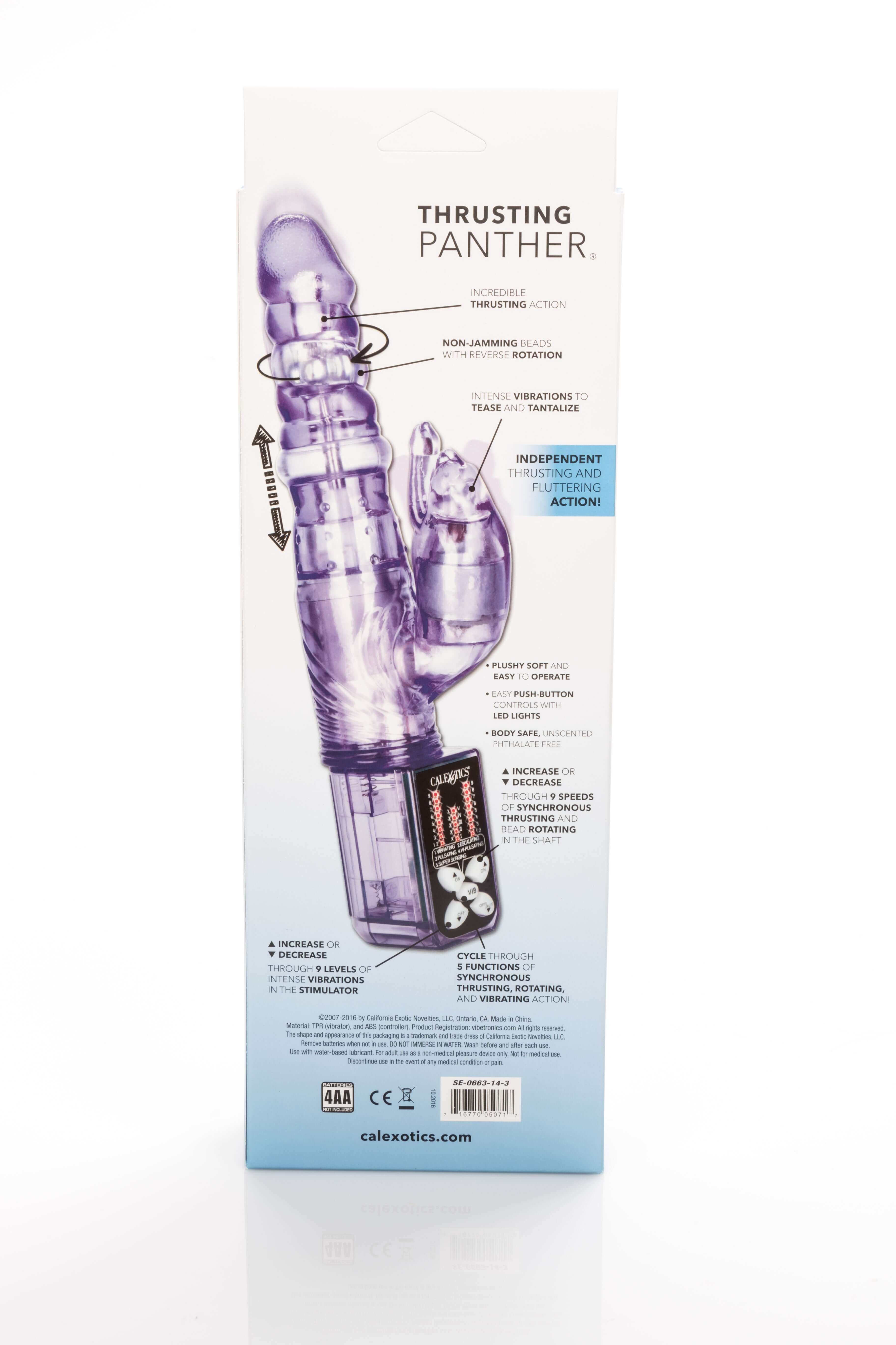 Thrusting Panther Rotating Rabbit Vibrator packaging showcasing its features and functions for enhanced pleasure.